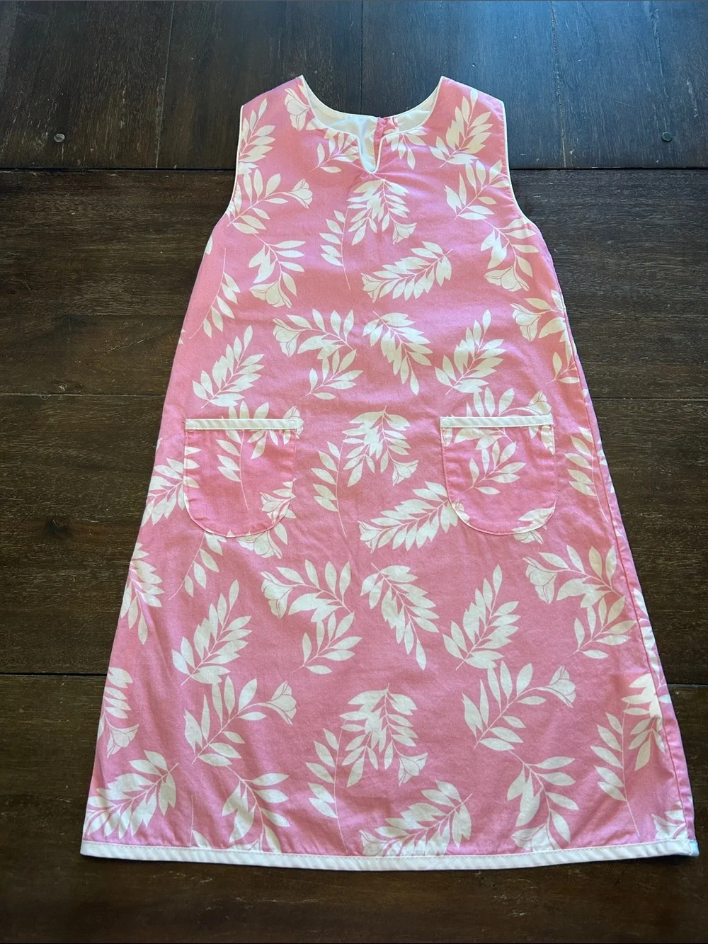 Little English Pink/ White Leaves Cotton Sleeveless Dress
